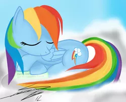 Size: 2761x2216 | Tagged: safe, artist:sierraex, derpibooru import, rainbow dash, pegasus, pony, book, cloud, cloudy, cutie mark, eyes closed, female, high res, hooves, lying on a cloud, mare, on a cloud, prone, sleeping, solo, wings