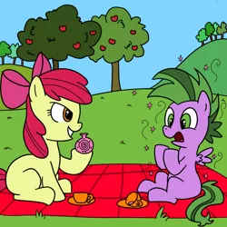 Size: 800x800 | Tagged: safe, artist:blackwidower, artist:boulderthedragon, artist:madmax, derpibooru import, apple bloom, spike, ponified, earth pony, pegasus, pony, apple, apple tree, colt, cup, female, filly, male, picnic blanket, ponified spike, potion, shipping, sitting, spikebloom, straight, teacup, tree