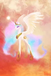 Size: 667x1001 | Tagged: safe, artist:cosmicunicorn, derpibooru import, princess celestia, alicorn, pony, abstract background, female, glowing eyes, glowing horn, mare, pretty, solo, spread wings