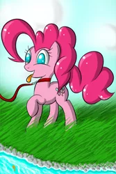 Size: 1200x1800 | Tagged: safe, artist:kinkyspree, derpibooru import, pinkie pie, earth pony, pony, collar, female, grass, leash, mare, no pupils, pet play, raised hoof, solo, tongue out