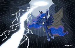 Size: 1686x1090 | Tagged: safe, artist:willisninety-six, derpibooru import, princess luna, alicorn, pony, cape, clothes, epic, female, flying, lightning, mare, rain, solo, spread wings, storm, wings