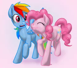 Size: 600x530 | Tagged: safe, artist:chickenwhite, derpibooru import, pinkie pie, rainbow dash, earth pony, pegasus, pony, female, lesbian, mare, nuzzling, pinkiedash, shipping, simple background