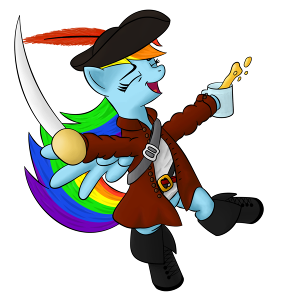 Size: 1600x1600 | Tagged: safe, artist:furor1, derpibooru import, rainbow dash, pegasus, pony, bipedal, boots, clothes, eyes closed, female, hat, mare, mug, pirate, simple background, solo, sword, transparent background, weapon