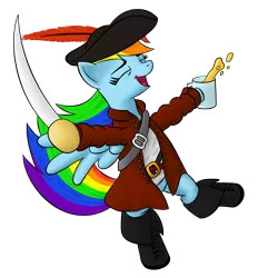 Size: 1600x1600 | Tagged: safe, artist:furor1, derpibooru import, rainbow dash, pegasus, pony, bipedal, boots, clothes, eyes closed, female, hat, mare, mug, pirate, simple background, solo, sword, transparent background, weapon
