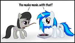 Size: 3407x1965 | Tagged: safe, artist:kasun05, derpibooru import, octavia melody, vinyl scratch, earth pony, pony, unicorn, bow (instrument), female, filly, mare, mouth hold, record player, simple background, white background