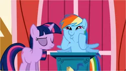 Size: 1026x578 | Tagged: safe, derpibooru import, screencap, rainbow dash, twilight sparkle, pegasus, pony, unicorn, applebuck season, animation error, artifact, dashface, eye, eyes closed, female, frown, mare, podium, pouting, rainbow dash is best facemaker, smiling, so awesome, squishy cheeks, town hall, unicorn twilight