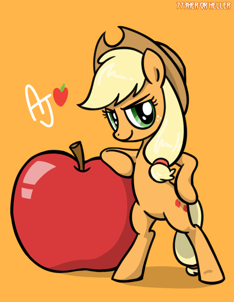 Size: 822x1060 | Tagged: dead source, safe, artist:773her, derpibooru import, applejack, earth pony, pony, apple, bipedal, bipedal leaning, female, leaning, mare, obligatory apple, orange background, simple background, smiling, solo