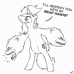 Size: 800x800 | Tagged: safe, artist:mixermike622, derpibooru import, lyra heartstrings, bear, pony, unicorn, abomination, bear arms, bipedal, black and white, derp, dialogue, female, grayscale, mare, monochrome, mutation, open mouth, pun, simple background, solo, the second amendment, wat, what has science done, white background