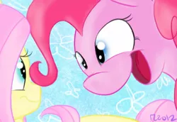 Size: 1000x686 | Tagged: safe, artist:cosmic-rust, derpibooru import, fluttershy, pinkie pie, earth pony, pegasus, pony, abstract background, close-up, eye contact, female, looking at each other, mare