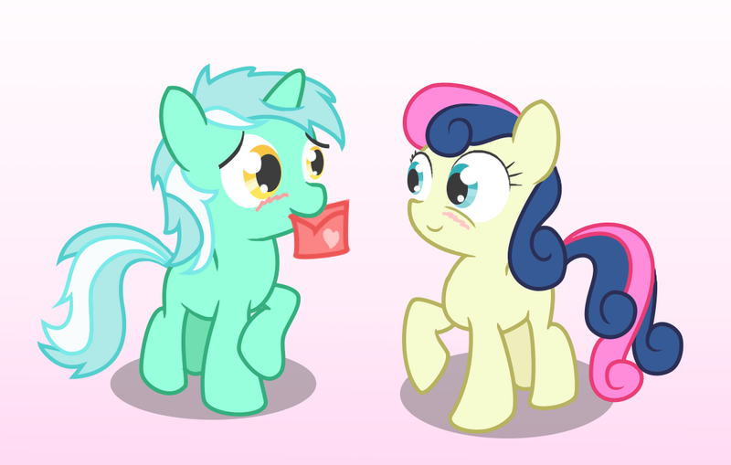 Size: 1100x700 | Tagged: safe, artist:041744, derpibooru import, bon bon, lyra heartstrings, sweetie drops, earth pony, pony, unicorn, adorabon, blushing, cute, female, filly, foal, foal romance, gradient background, lesbian, letter, lyrabetes, lyrabon, mouth hold, shipping, valentine, younger