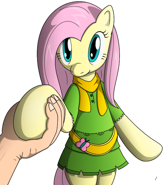 Size: 618x690 | Tagged: safe, artist:tg-0, derpibooru import, fluttershy, human, pegasus, pony, semi-anthro, clothes, duo, female, green skirt, hand, holding hooves, human on pony hoof holding, mare, scarf, shirt, simple background, skirt, smiling, standing, white background
