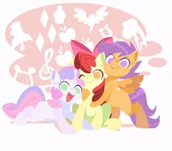 Size: 1000x875 | Tagged: safe, artist:yoh yoshinari, derpibooru import, apple bloom, scootaloo, sweetie belle, earth pony, pegasus, pony, unicorn, adorabloom, c:, cute, cutealoo, cutie mark, cutie mark background, cutie mark crusaders, diasweetes, female, filly, happy, hug, lineless, looking at you, no pupils, open mouth, sitting, smiling, smirk, weapons-grade cute, wink