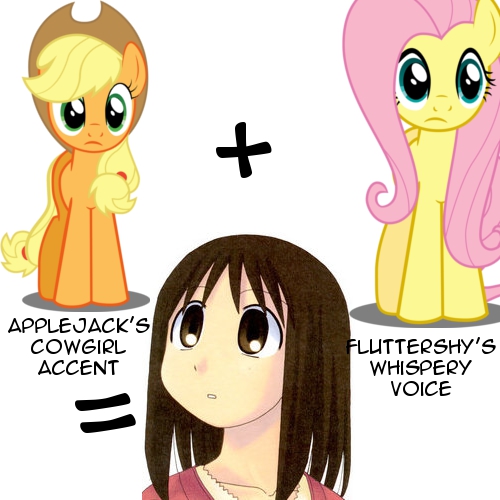 Size: 500x500 | Tagged: safe, derpibooru import, applejack, fluttershy, earth pony, pegasus, pony, azumanga daioh, female, kasuga ayumu, mare, meta, osaka, voice