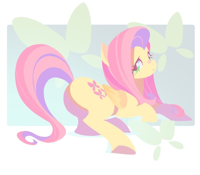 Size: 1000x875 | Tagged: safe, artist:yoh yoshinari, derpibooru import, part of a set, fluttershy, pegasus, pony, blush sticker, blushing, cutie mark background, female, flutterbutt, lidded eyes, lineless, looking at you, looking back, looking back at you, mare, pixiv, plot, prone, solo