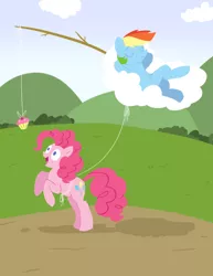 Size: 612x792 | Tagged: safe, artist:glitterypencils, derpibooru import, pinkie pie, rainbow dash, earth pony, pegasus, pony, bait, carrot on a stick, cloud, crossed legs, cupcake, duo, eyes closed, eyes on the prize, female, fishing, food, hooves, lineless, lying down, mare, on a cloud, on back, open mouth, rearing, sleeping, smiling, string, wide eyes