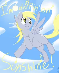 Size: 900x1125 | Tagged: safe, artist:no-ink, derpibooru import, derpy hooves, pegasus, pony, female, flying, katrina and the waves, mare, singing, sky, solo, song reference, sun, walking on sunshine
