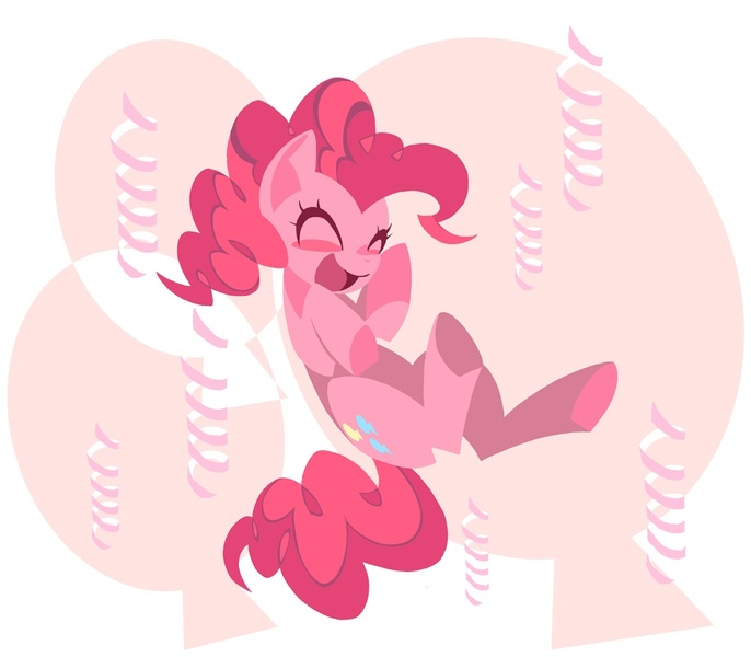 Size: 1000x875 | Tagged: safe, artist:yoh yoshinari, derpibooru import, part of a set, pinkie pie, earth pony, pony, cutie mark background, eyes closed, female, lineless, mare, open mouth, solo, streamers, underhoof