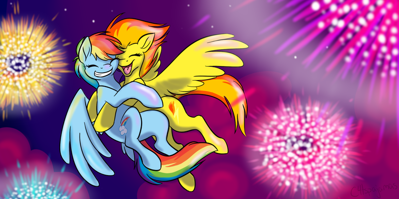 Size: 2000x1000 | Tagged: safe, artist:calicopikachu, derpibooru import, rainbow dash, spitfire, pegasus, pony, eyes closed, female, fireworks, flying, hug, lesbian, mare, shipping, spitdash, stars