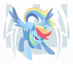 Size: 1000x875 | Tagged: safe, artist:yoh yoshinari, derpibooru import, part of a set, rainbow dash, pegasus, pony, action pose, cutie mark, cutie mark background, female, hooves, lineless, mare, one eye closed, solo, spread wings, wings