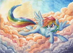 Size: 1024x749 | Tagged: safe, artist:the-wizard-of-art, derpibooru import, rainbow dash, pegasus, pony, cloud, cloudy, female, flying, looking back, mare, solo, traditional art, watercolor painting