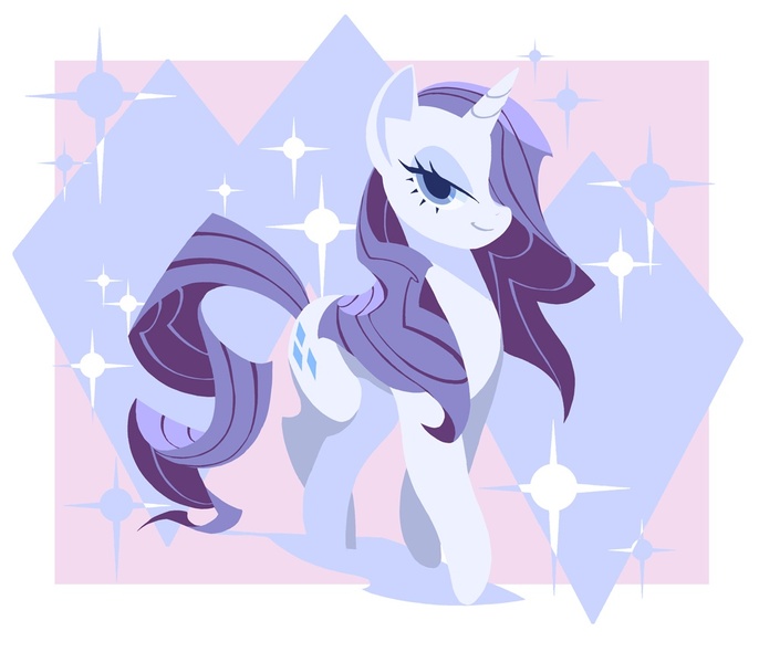 Size: 1000x875 | Tagged: safe, artist:yoh yoshinari, derpibooru import, part of a set, rarity, pony, unicorn, alternate hairstyle, cutie mark background, female, hair over one eye, lineless, mare, solo, walking