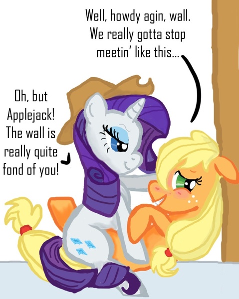 Size: 747x936 | Tagged: suggestive, artist:teamlars, derpibooru import, applejack, rarity, earth pony, pony, unicorn, appleseat, applesub, blushing, dialogue, female, femdom, femsub, grin, lesbian, mare, on back, raridom, rarijack, shipping, sitting, sitting on pony, smiling, submissive