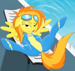 Size: 1425x1333 | Tagged: suggestive, artist:spitshy, derpibooru import, spitfire, pegasus, pony, deck chair, female, floppy ears, goggles, latex, latex suit, mare, solo, solo female, spread legs, spreading, stupid sexy spitfire, swimming pool, tongue out, wet, wonderbolts uniform