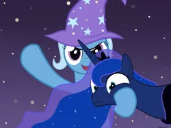 Size: 1437x1080 | Tagged: safe, artist:manateemckenzie, derpibooru import, princess luna, trixie, alicorn, pony, unicorn, clothes, female, hat, mare, squishy cheeks, trixie's hat