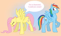 Size: 900x531 | Tagged: suggestive, artist:chickenwhite, derpibooru import, fluttershy, rainbow dash, pegasus, pony, female, frustrated, gradient background, hentai quotes, mare, mondegreen, youtube poop