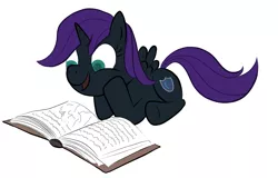 Size: 1127x723 | Tagged: artist needed, source needed, safe, derpibooru import, oc, oc:nyx, unofficial characters only, alicorn, pony, alicorn oc, book, female, filly, prone, reading, simple background, smiling, solo, white background