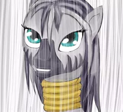 Size: 412x376 | Tagged: artist:madhotaru, derpibooru import, female, looking at you, rain, safe, solo, wet mane, zebra, zecora