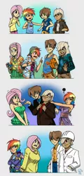 Size: 1000x2080 | Tagged: age progression, artist:glancojusticar, basketball, big breasts, braces, breasts, busty fluttershy, clothes, derpibooru import, dress, dumbbell, female, fluttershy, glasses, hippie, hoops, human, humanized, male, rainbow dash, safe, sweatershy, weather factory uniform