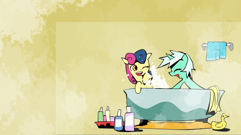 Size: 1920x1080 | Tagged: dead source, safe, artist:lentoto, derpibooru import, bon bon, lyra heartstrings, sweetie drops, earth pony, pony, unicorn, bath, female, lesbian, lyrabon, mare, paint tool sai, shampoo, shipping, smiling, towel, wallpaper