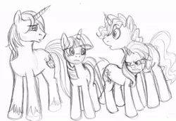 Size: 900x618 | Tagged: safe, artist:enigmaticfrustration, derpibooru import, pokey pierce, shining armor, trixie, twilight sparkle, pony, unicorn, female, male, mare, monochrome, siblings, stallion, unicorn twilight