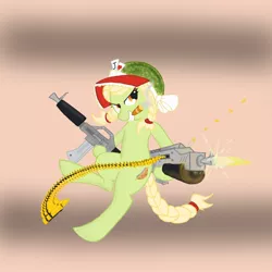 Size: 1024x1024 | Tagged: safe, artist:shadestars, derpibooru import, granny smith, earth pony, pony, cigar, female, gradient background, gun, mare, solo, weapon, young
