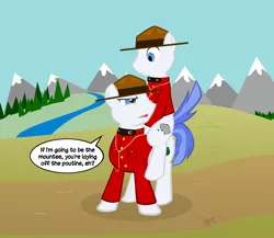 Size: 1500x1300 | Tagged: safe, artist:grilledcat, derpibooru import, earth pony, pony, canada, canadian, eh, male, mountie, ponies riding ponies, pun, royal canadian mounted police, stallion, stereotype