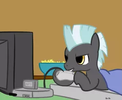 Size: 871x709 | Tagged: artist needed, safe, derpibooru import, thunderlane, pegasus, pony, male, playing video games, solo, stallion, video game