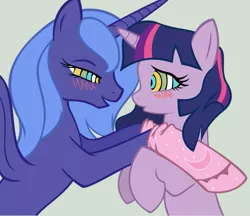 Size: 569x491 | Tagged: suggestive, artist:bri-sta, artist:illuminatiums, derpibooru import, edit, princess luna, twilight sparkle, alicorn, pony, unicorn, bedroom eyes, clothes, eye contact, female, hug, hypnosis, imminent kissing, lesbian, looking at each other, mare, ms paint, open mouth, princess, s1 luna, shipping, show accurate, show accurate porn, simple background, smiling, socks, swirly eyes, twiluna, unicorn twilight, white background