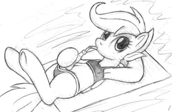 Size: 800x521 | Tagged: safe, artist:tg-0, derpibooru import, scootaloo, pegasus, pony, semi-anthro, armpits, bikini, clothes, drinking, female, grayscale, looking at you, lying, mare, monochrome, on back, solo, swimsuit, traditional art