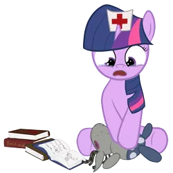 Size: 2308x2308 | Tagged: safe, artist:manateemckenzie, derpibooru import, smarty pants, twilight sparkle, pony, unicorn, book, cpr, crying, doll, feels, female, filly, first aid, foal, high res, nurse, simple background, sitting, solo, toy, transparent background, unicorn twilight, younger