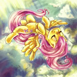 Size: 1500x1500 | Tagged: safe, artist:buttercupsaiyan, deleted from derpibooru, derpibooru import, fluttershy, pegasus, pony, chest fluff, eyes closed, female, flying, mare, on back, sky, smiling, solo, spread wings, wings