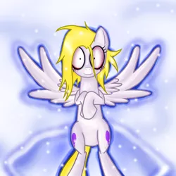 Size: 1400x1400 | Tagged: safe, artist:myhysteria, derpibooru import, surprise, pegasus, pony, bloodshot eyes, both cutie marks, female, g1, g1 to g4, generation leap, mare, on back, snow, snow angel, solo