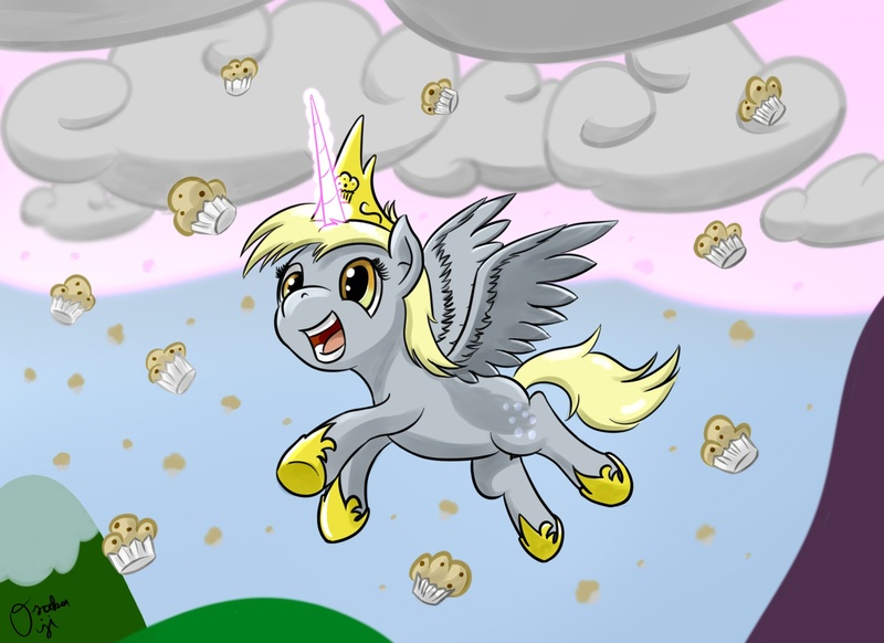 Size: 1754x1276 | Tagged: safe, artist:osakaoji, derpibooru import, derpy hooves, alicorn, pony, alicornified, cloud, cloudy, derpicorn, female, flying, magic, mare, muffin, muffin queen, princess, race swap, solo