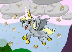 Size: 1754x1276 | Tagged: safe, artist:osakaoji, derpibooru import, derpy hooves, alicorn, pony, alicornified, cloud, cloudy, derpicorn, female, flying, magic, mare, muffin, muffin queen, princess, race swap, solo