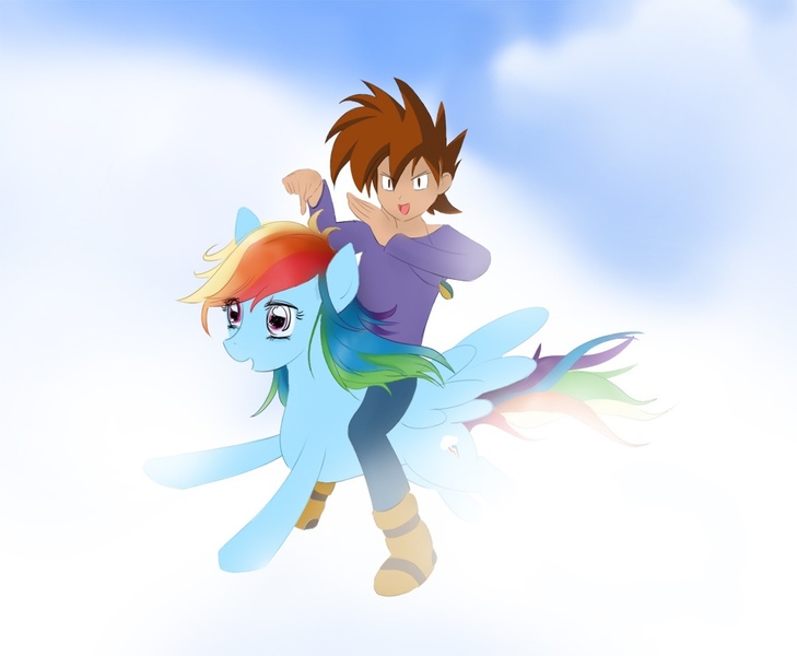 Size: 1003x825 | Tagged: safe, artist:v-invidia, derpibooru import, rainbow dash, human, pegasus, pony, female, flying, gary motherfucking oak, gary oak, humans riding ponies, male, mare, riding, sky