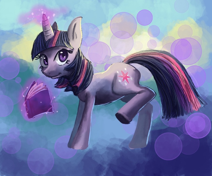 Size: 1025x850 | Tagged: dead source, safe, artist:terrac0tta, derpibooru import, twilight sparkle, pony, unicorn, abstract background, book, female, glowing horn, levitation, magic, mare, photoshop, solo, telekinesis, unicorn twilight