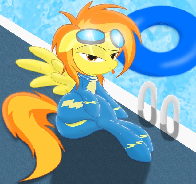 Size: 1417x1332 | Tagged: suggestive, artist:spitshy, derpibooru import, spitfire, pegasus, pony, bedroom eyes, female, goggles, latex, latex suit, mare, plot, side, solo, solo female, stupid sexy spitfire, swimming pool, tongue out, wet, wonderbolts uniform