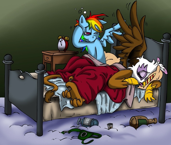 Size: 737x624 | Tagged: questionable, artist:susiebeeca, derpibooru import, gilda, rainbow dash, gryphon, pegasus, pony, aftersex, alarm clock, alcohol, bed, clock, female, gildash, griffon x pony, hangover, image, implied sex, interspecies, jpeg, lesbian, lube, mare, messy hair, morning after, sex toy, shipping, sleeping, spread wings, strapon, wingboner, wings