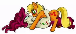 Size: 916x419 | Tagged: suggestive, artist:susiebeeca, derpibooru import, applejack, cherry jubilee, earth pony, pony, bedroom eyes, blushing, cherryjack, embarrassed, eye contact, female, lesbian, looking at each other, looking down, looking up, mare, on back, profile, shipping, simple background, smiling, underhoof, white background