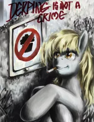 Size: 696x900 | Tagged: safe, artist:balthasar999, derpibooru import, derpy hooves, pegasus, pony, cigarette, derpygate, female, mare, sign, smoking